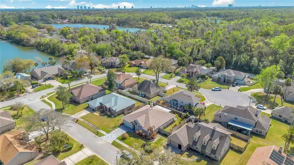 an aerial view of a house with a garden