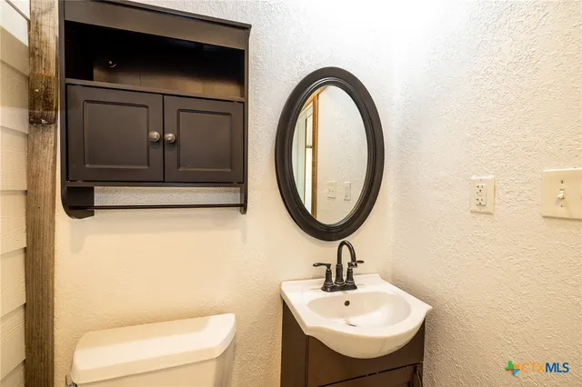 a bathroom with a toilet a sink and a mirror