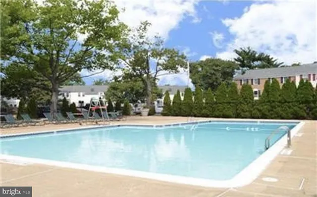 a view of a swimming pool with a lawn chairs and plants
