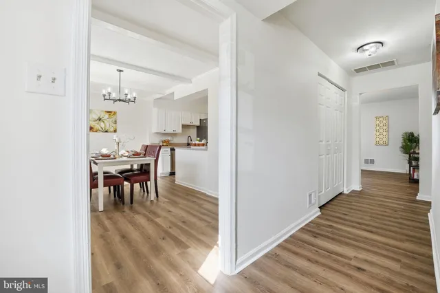 a view of a dining area with furniture and wooden floor