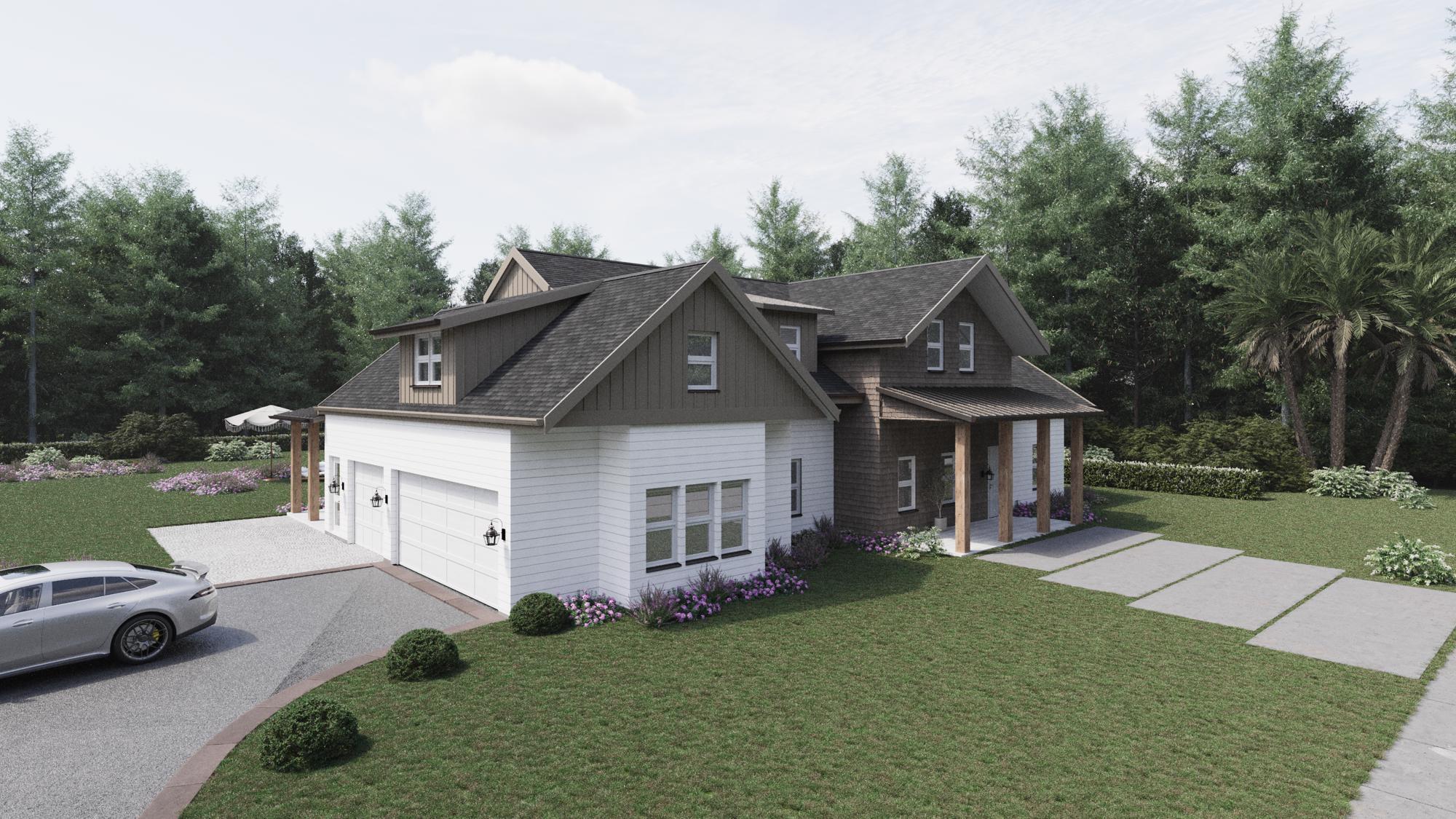 a front view of a house with a garden and trees