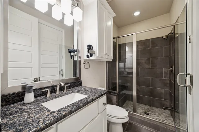 a bathroom with a granite countertop sink a toilet and shower