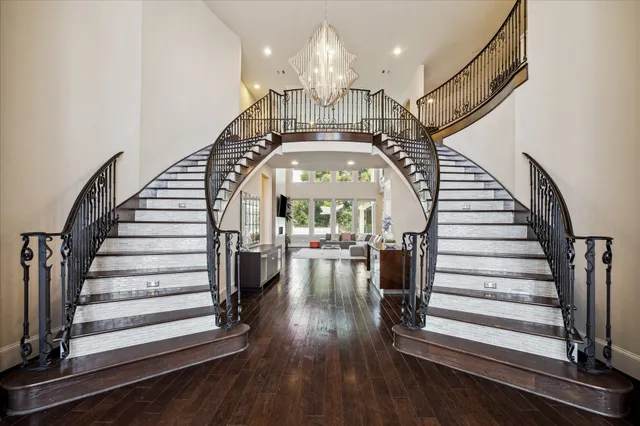 an entryway with wooden floor and a potted plant