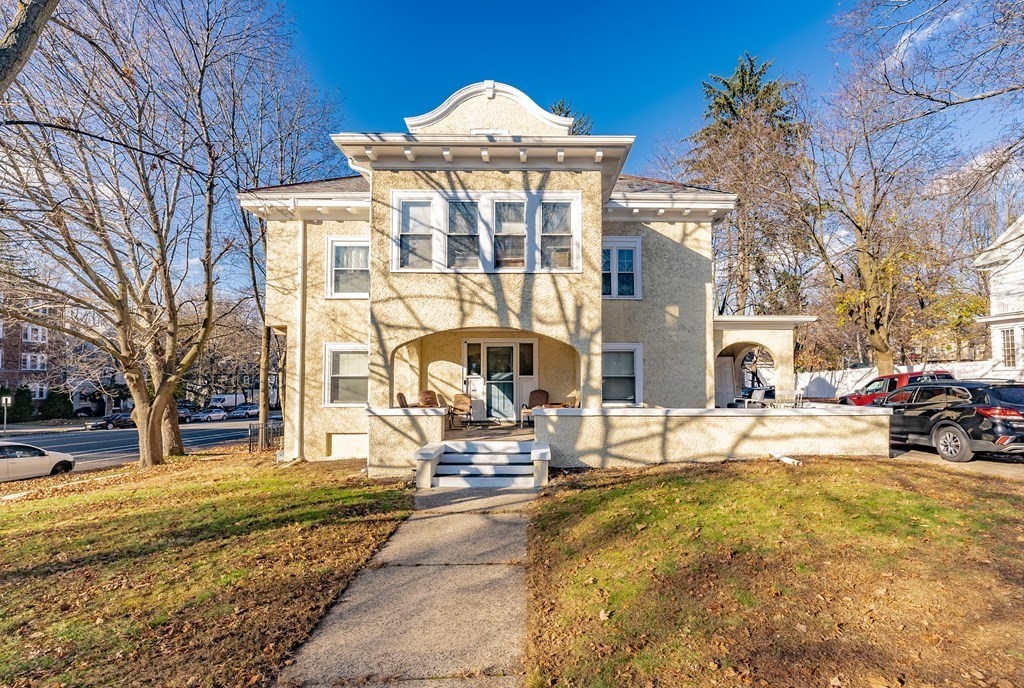 a view of a building with a snow