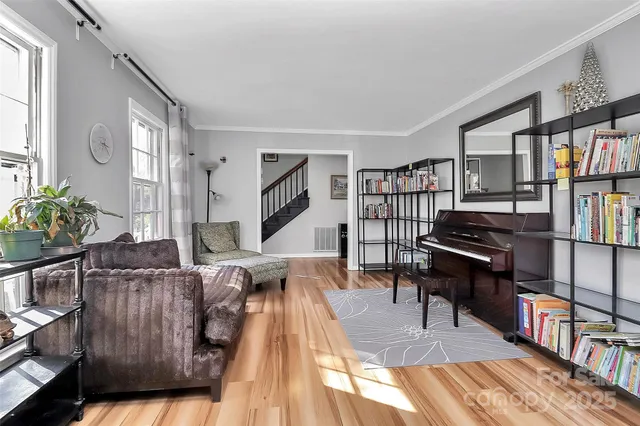a living room with furniture a bookshelf and a potted plant