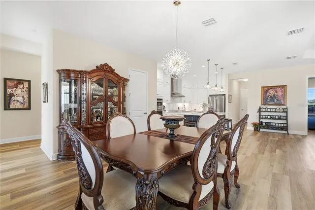 a view of a dining room with furniture