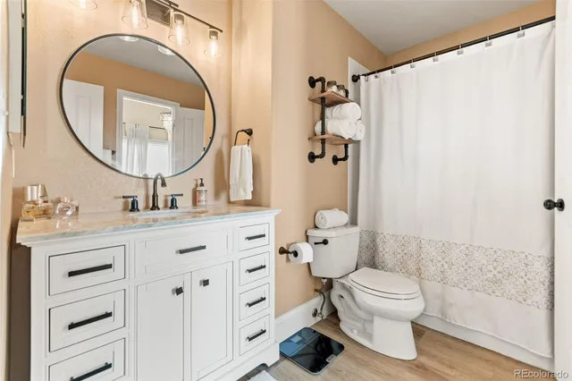 a bathroom with a sink a mirror a toilet and a shower