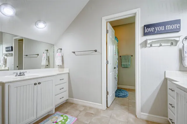 a bathroom with a sink a mirror and a shower