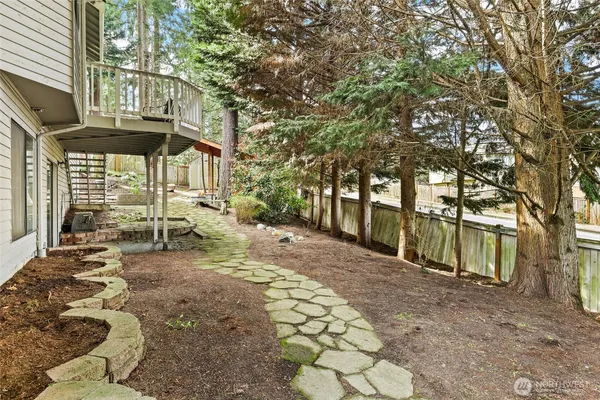 a backyard of a house with table and chairs