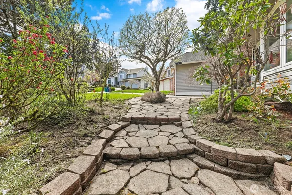 a backyard of a house with table and chairs