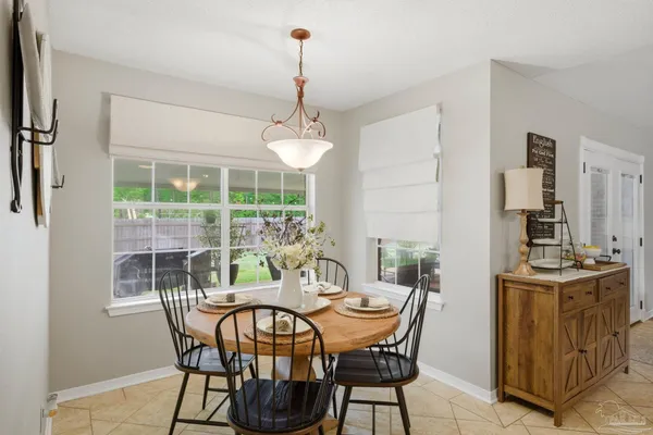 a view of a dining room with furniture window and outside view