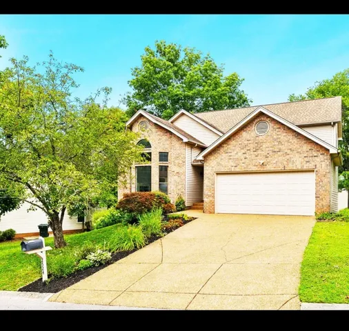 a view of a house with a yard and potted plants