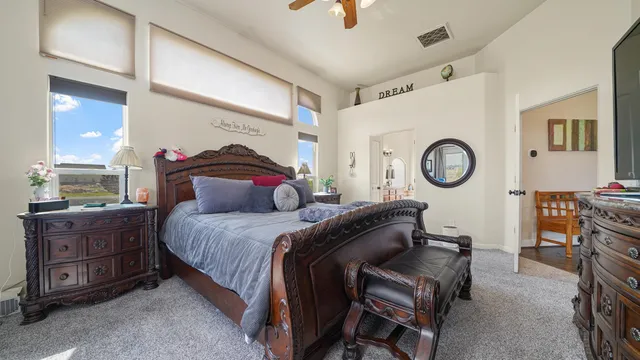 a bedroom with a bed and dresser