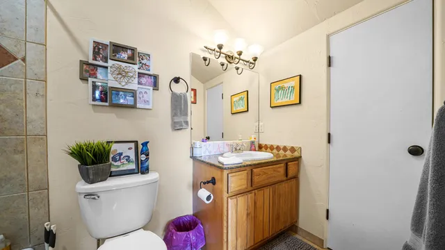 a bathroom with a sink mirror vanity and toilet