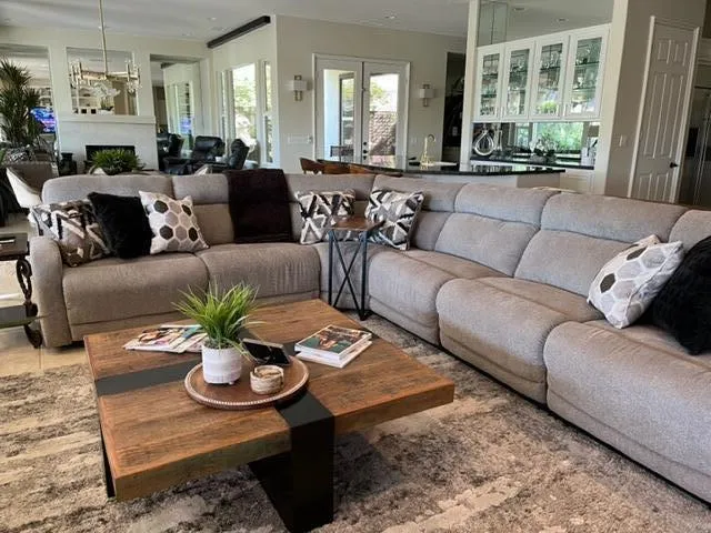 a living room with furniture potted plant and windows