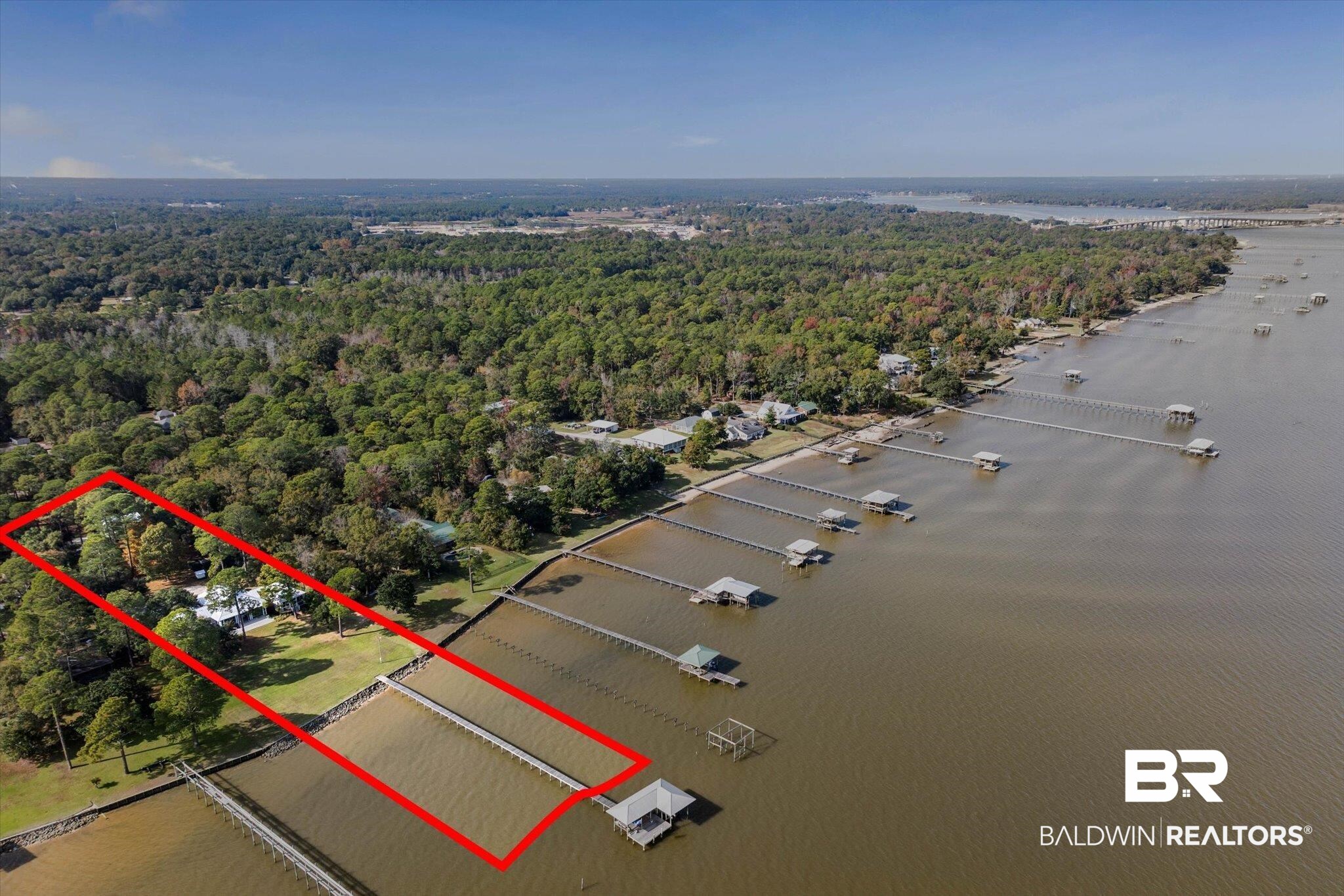 7015 Bay Road Mobile, AL 36605 - Photo 45 of 53 Aerial overview of property's location with a large body of water and property boundaries highlighted
