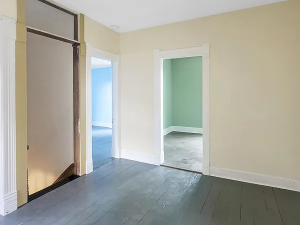 a view of a park with large trees