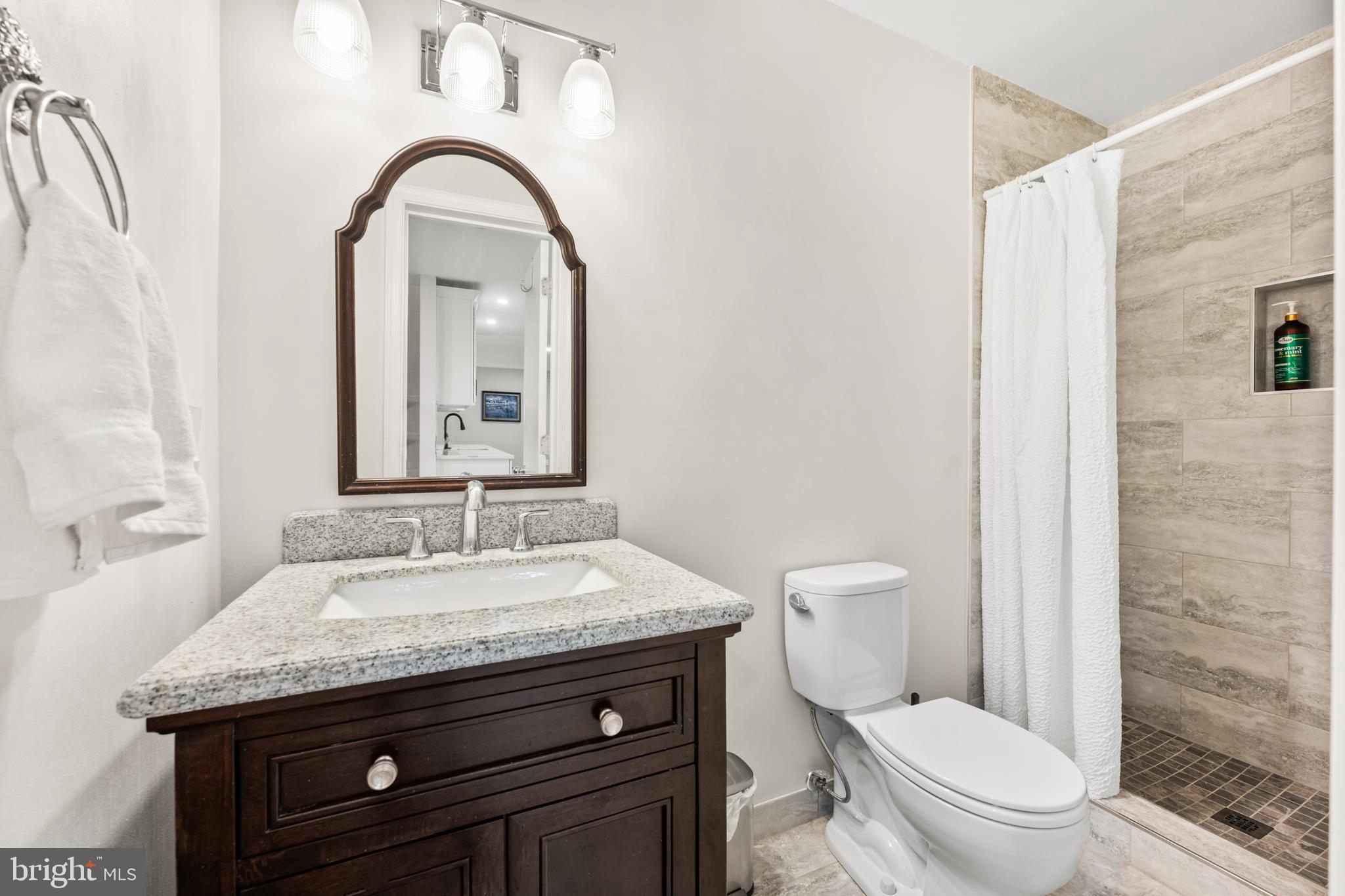 7362 Clifton Road Clifton, VA 20124 - Photo 39 of 53 a bathroom with a granite countertop toilet a sink and a mirror