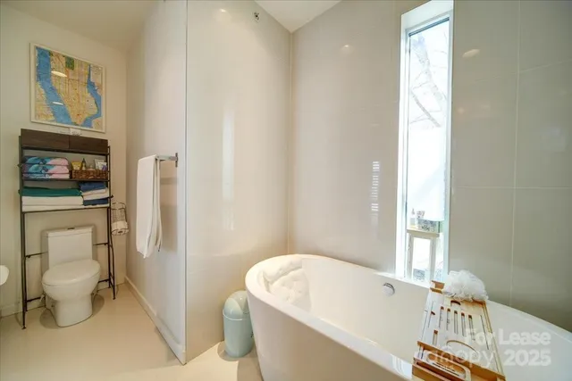 a bathroom with a bathtub and a toilet