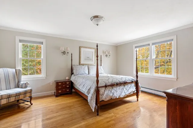 a spacious bedroom with a bed and wooden floor