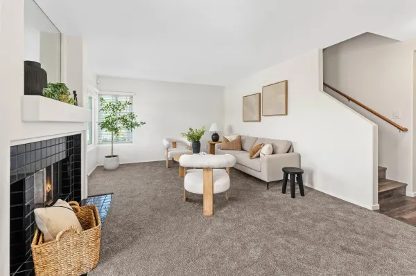 a living room with furniture and a fireplace