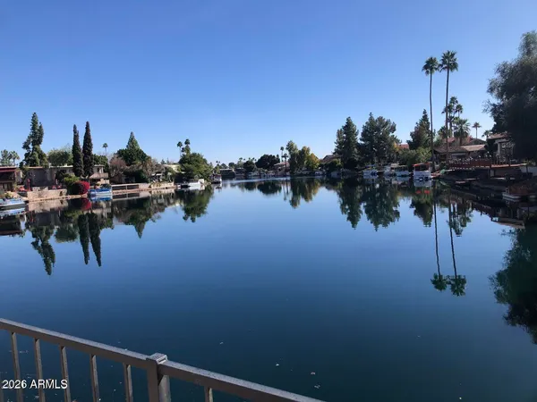 a view of balcony with two potted plants and large trees