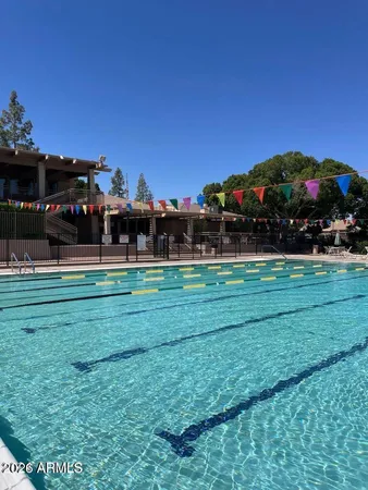 a view of a swimming pool with a garden