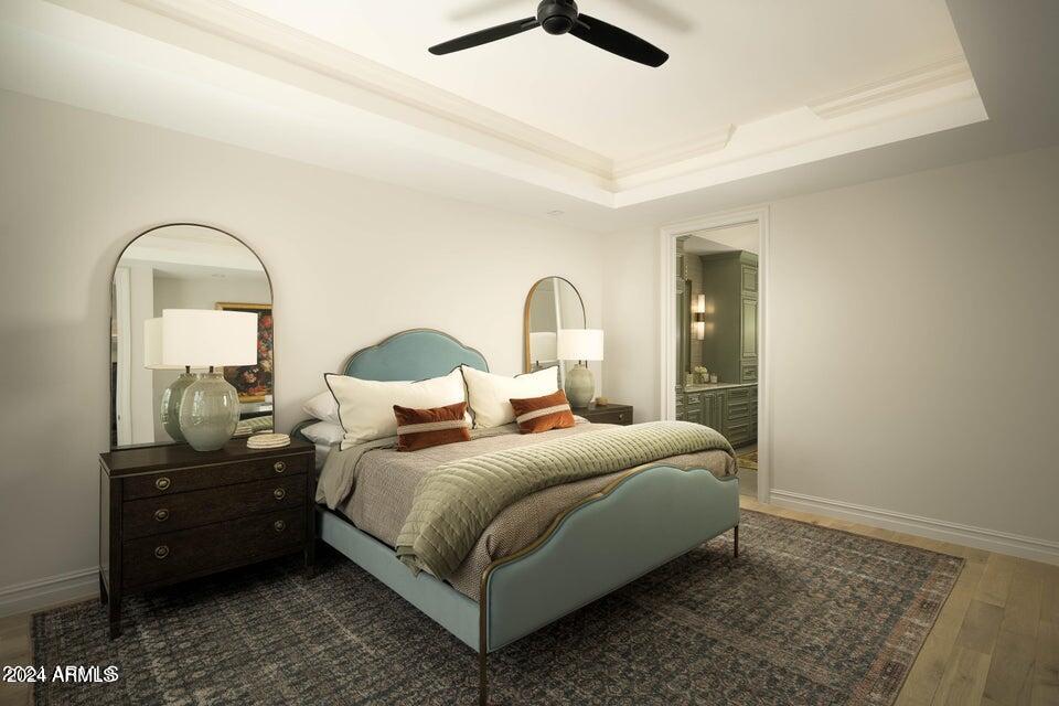 4240 East Camelback Road, Unit 213 Phoenix, AZ 85018 - Photo 3 of 18 a bedroom with a bed and a mirror