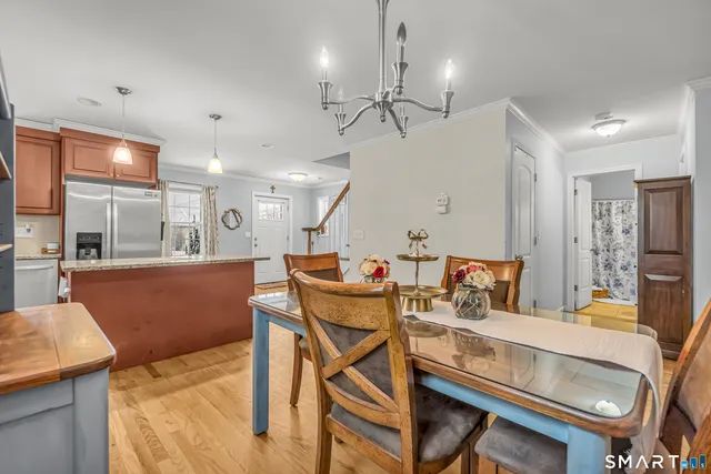 a view of a dining room with furniture