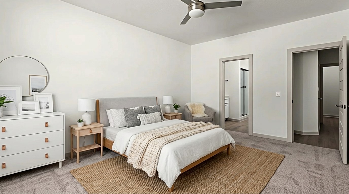 101 Merrick Road Georgetown, TX 78628 - Photo 18 of 38 First floor primary bedroom featuring light carpet and a ceiling fan. Virtually staged