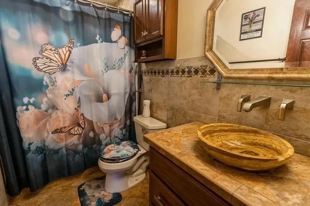 a bathroom with a granite countertop sink toilet and shower