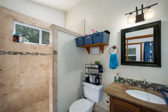 a bathroom with a toilet sink vanity and mirror