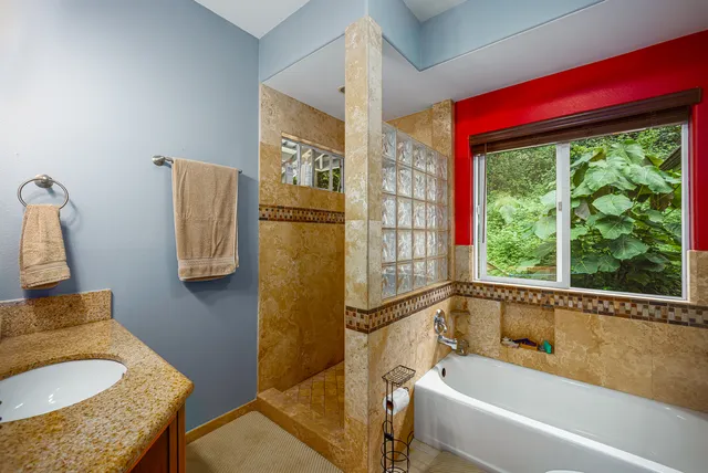 a bathroom with a tub and a window