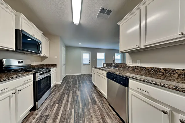 a modern kitchen with stainless steel appliances granite countertop a stove a sink and a microwave