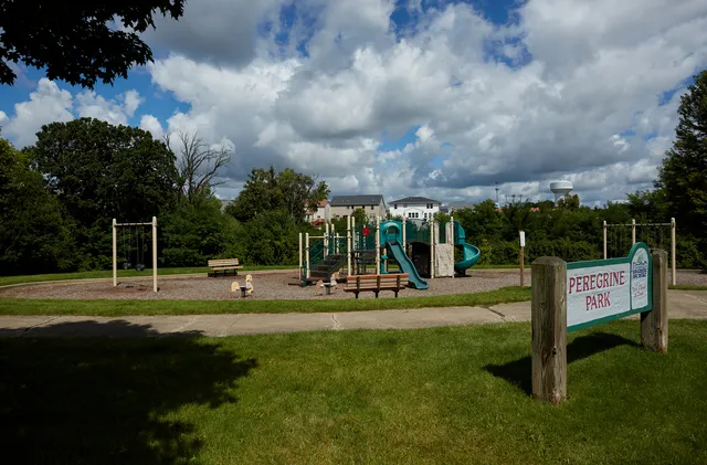 a view of a park with swings and slides