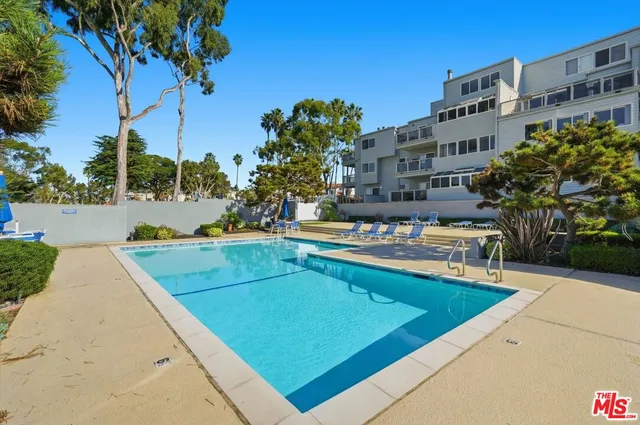 a view of a swimming pool with a yard and plants
