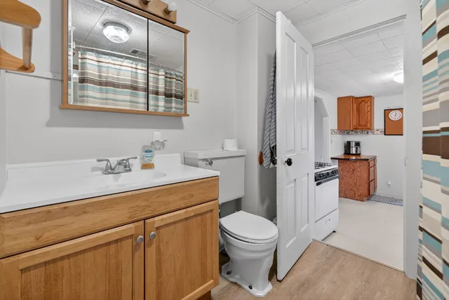 a bathroom with a sink a toilet and shower