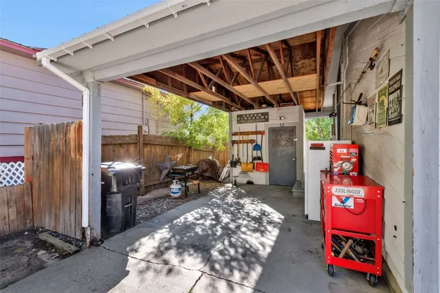 a garage filled with furniture and a couch
