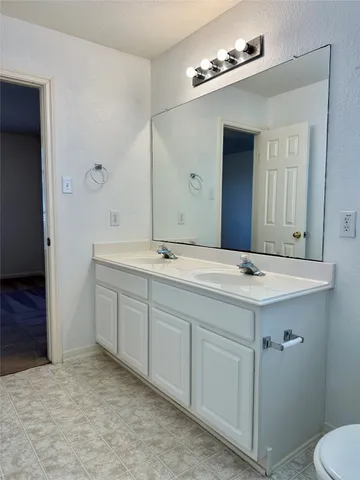 a bathroom with a sink double vanity and a mirror