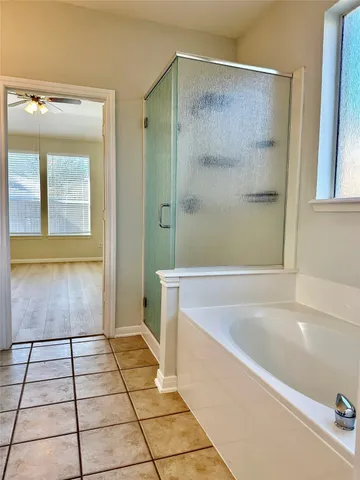 a bathroom with a bathtub and a shower