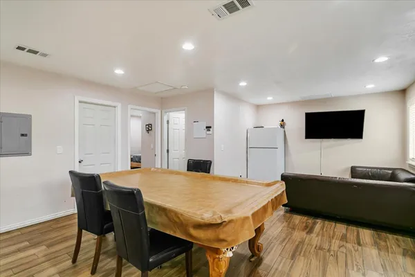 a view of a dining room with furniture