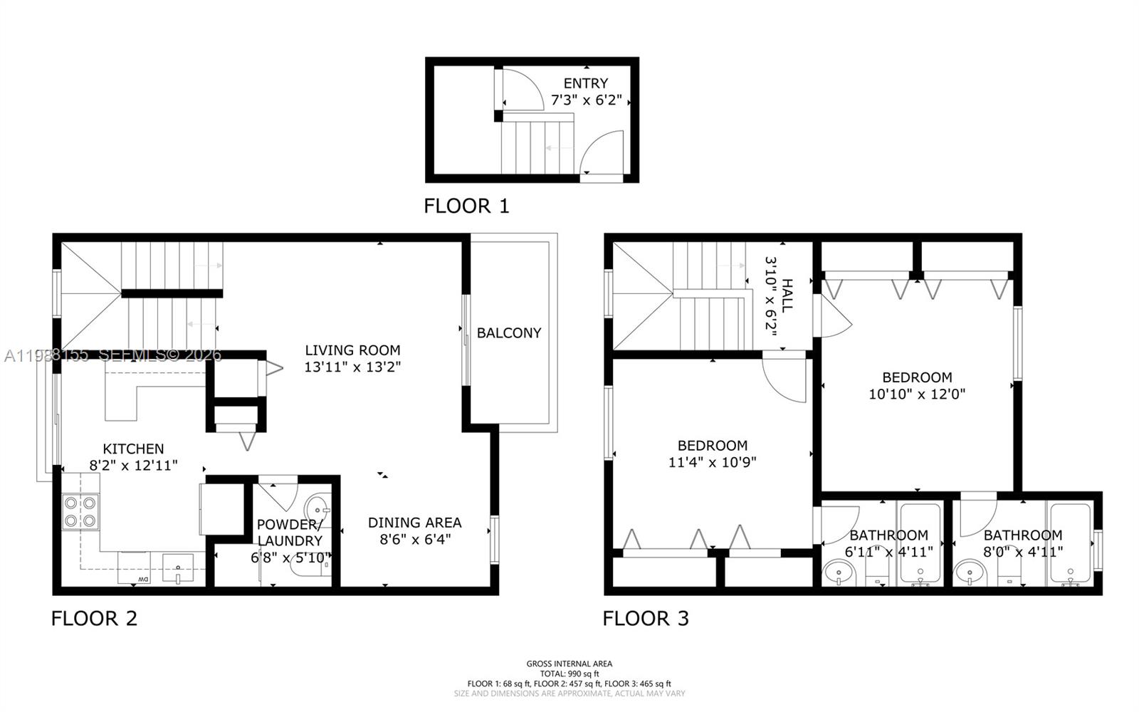 231 Majorca Avenue, Unit F Coral Gables, FL 33134 - Photo 19 of 19 Floor Plan - All three levels (Actual floor plan is a mirrored orientation of the layout shown)