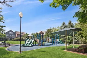 a view of a park with slide