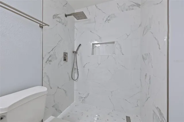 a bathroom with a shower and toilet