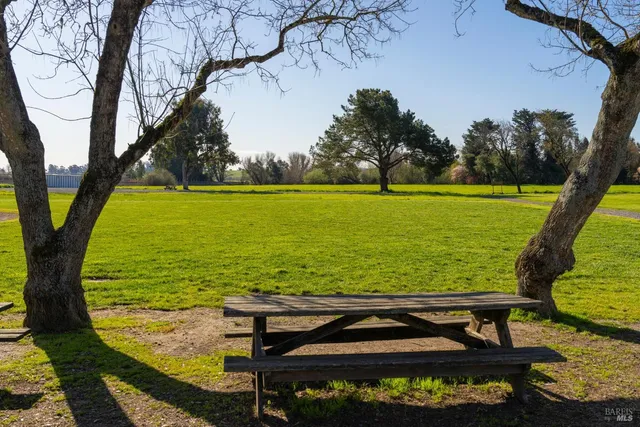 a view of a yard with an outdoor seating