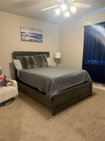 a bedroom with a bed and a cabinets