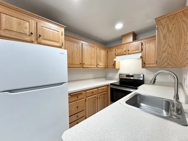 a kitchen with a refrigerator sink and cabinets