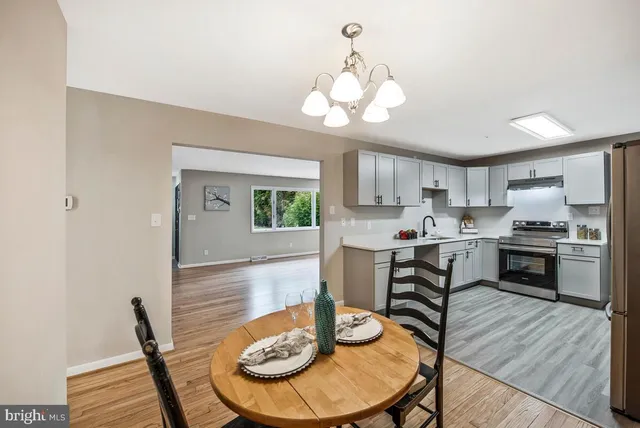 a view of a dining room with furniture and wooden floor