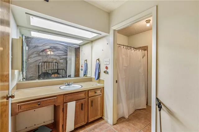 a bathroom with a sink mirror and a shower