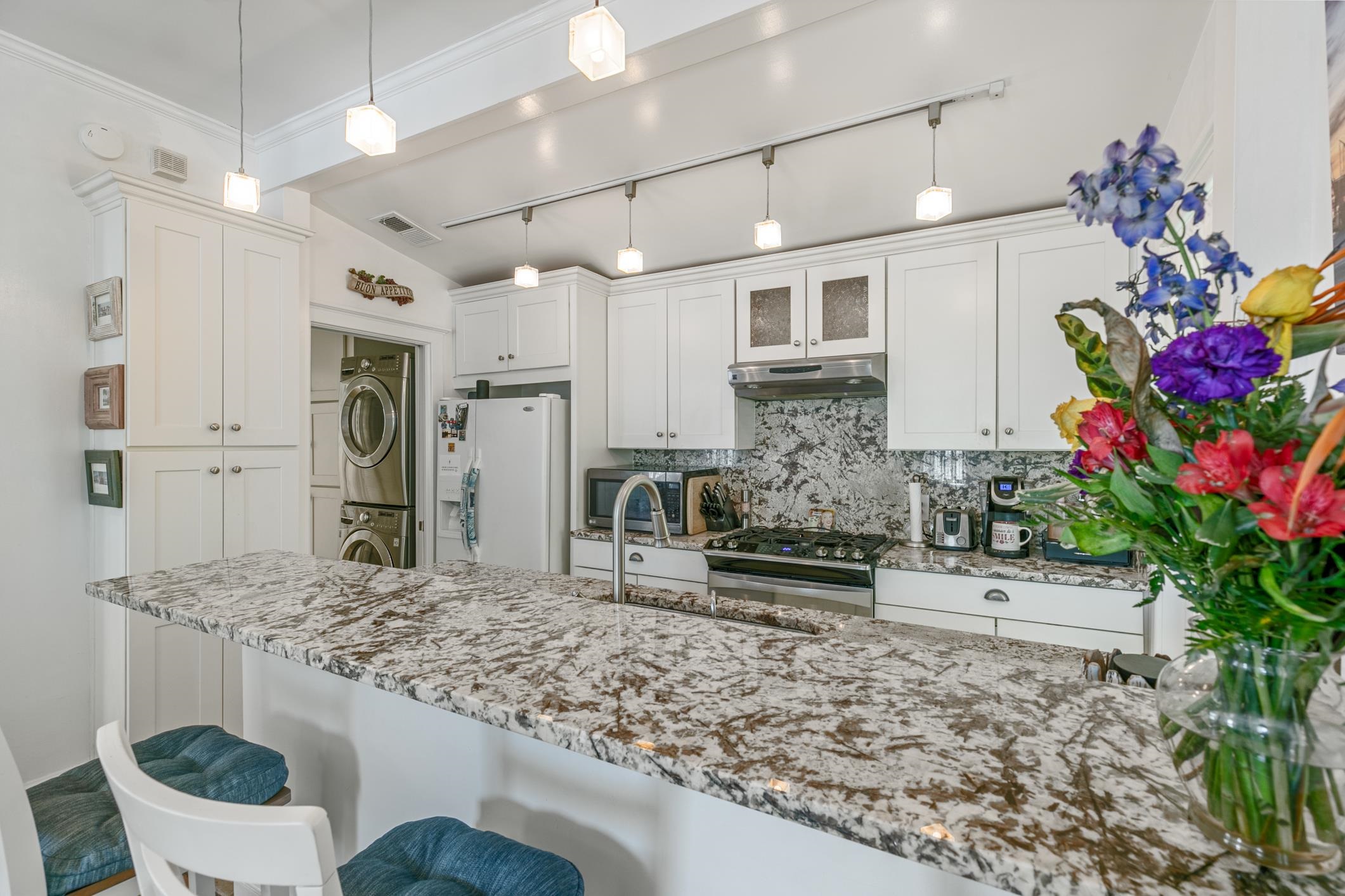 46 St Francis Street St. Augustine, FL 32084 - Photo 18 of 48 a kitchen with granite countertop a stove a sink and a refrigerator